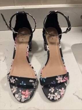 Call It Spring Black Floral Block Heel Sandals with Ankle Strap